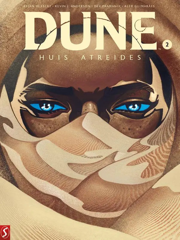 De cover van het comicboek dune huis atreides toont een gestileerde illustratie met blauwe ogen en zandpatroon gezichtsschildering