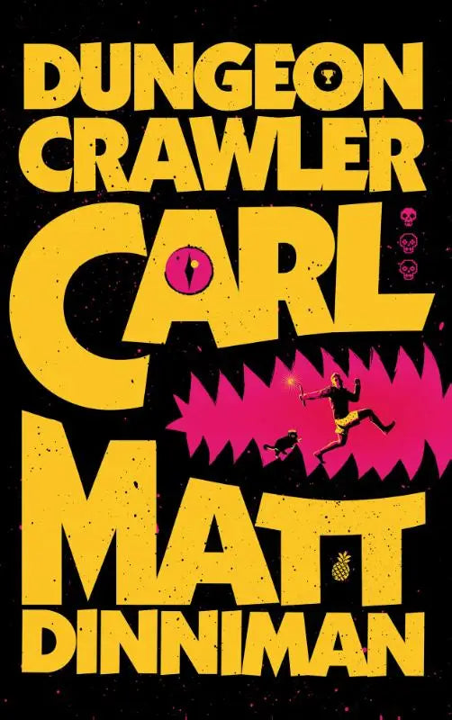 Gele vetgedrukte letters op zwarte achtergrond spellen dungeon crawler carl met roze en gele grafische elementen