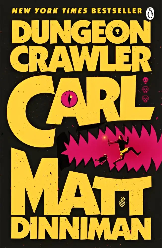 Gele en zwarte omslag van dungeon crawler carl boek met roze scherpe vormen en bewegende silhouetten van figuren
