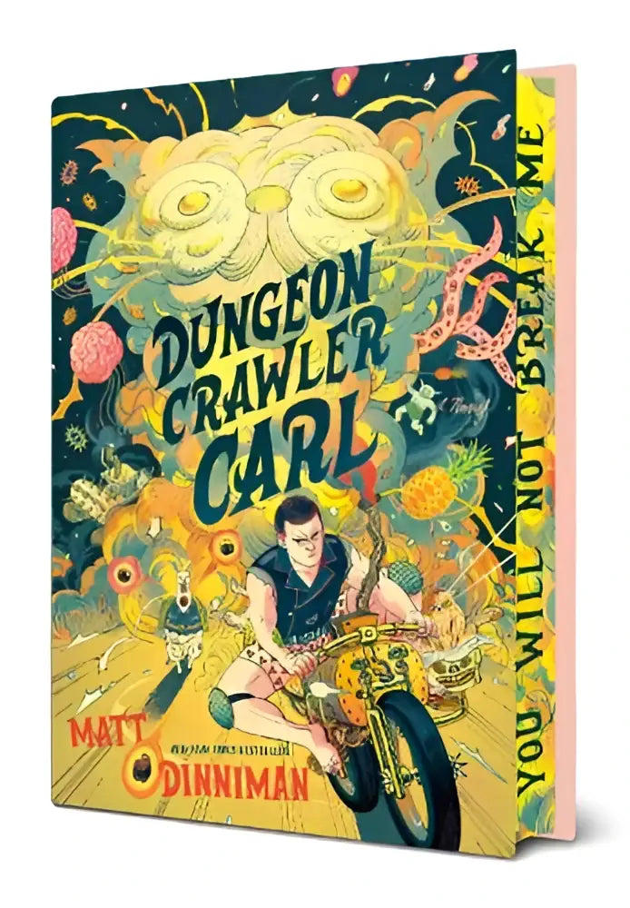 The vibrant hardcover dungeon crawler carl deluxe edition book features a colorful cover with a cartoon motorcycle character