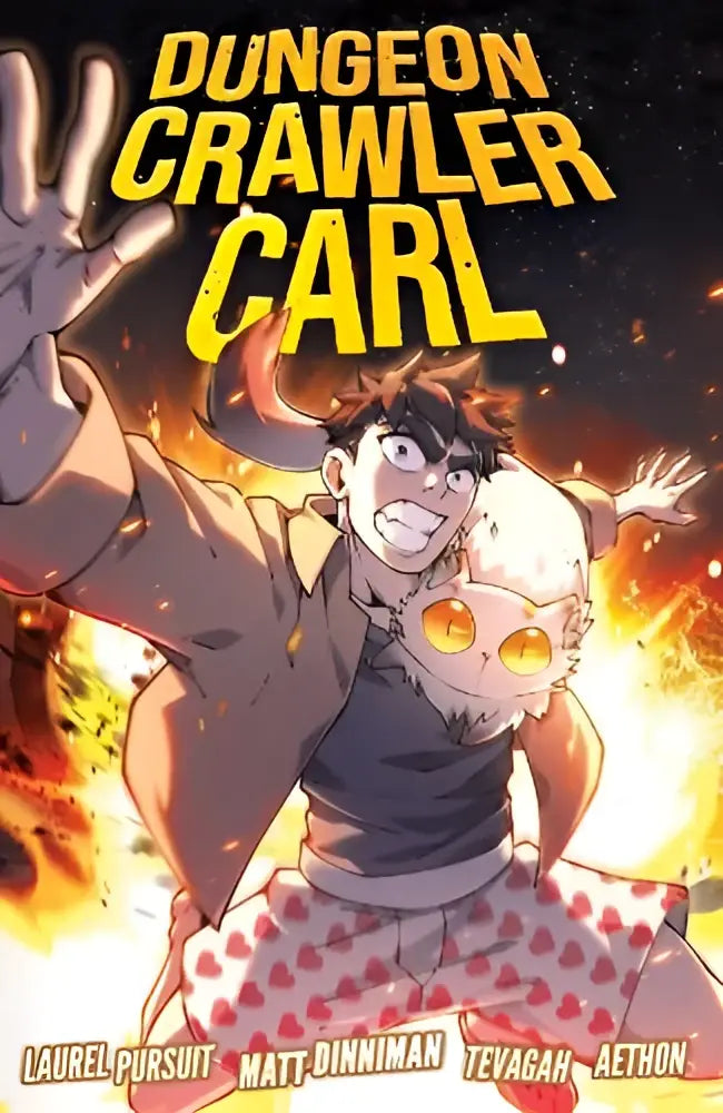 Cover van dungeon crawler carl graphic novel volume 1 toont cartoonfiguur met hoorns en oranje gloeiende ogen