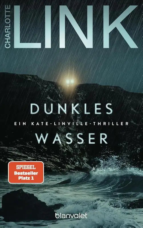 Donkerblauwe en zwarte boekcover van dunkles wasser met stormachtige oceaanscène en fel licht door de regen