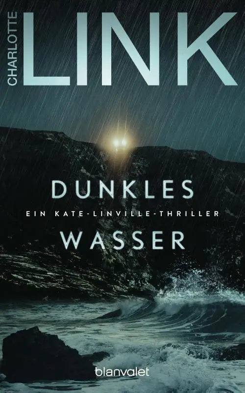 Donkerblauw en zwart boekcover van dunkles wasser door charlotte link met stormachtige oceaanscene in regen