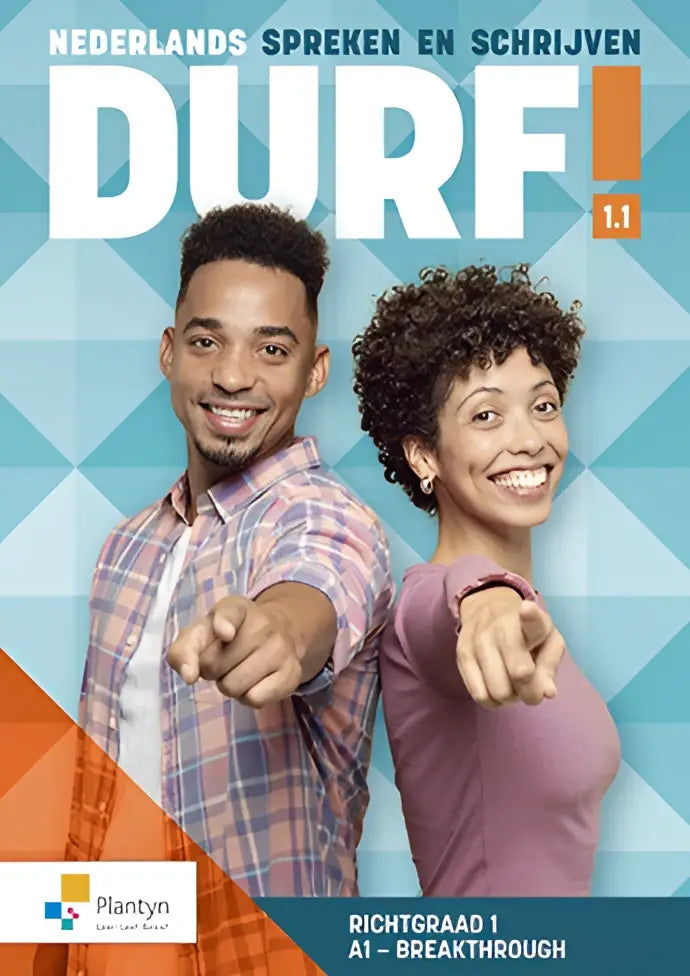De voorkant van het durf 1.1 leerwerkboek door plantyn met twee lachende personen en een blauw-oranje achtergrond