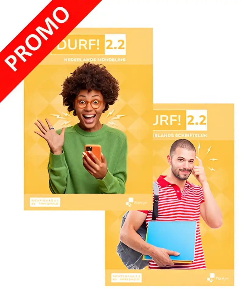 Gele promotieverpakking van jrf durf 2.2 b1 threshold 2 leerwerkboeken mondeling en schriftelijk met app, vrolijke personen