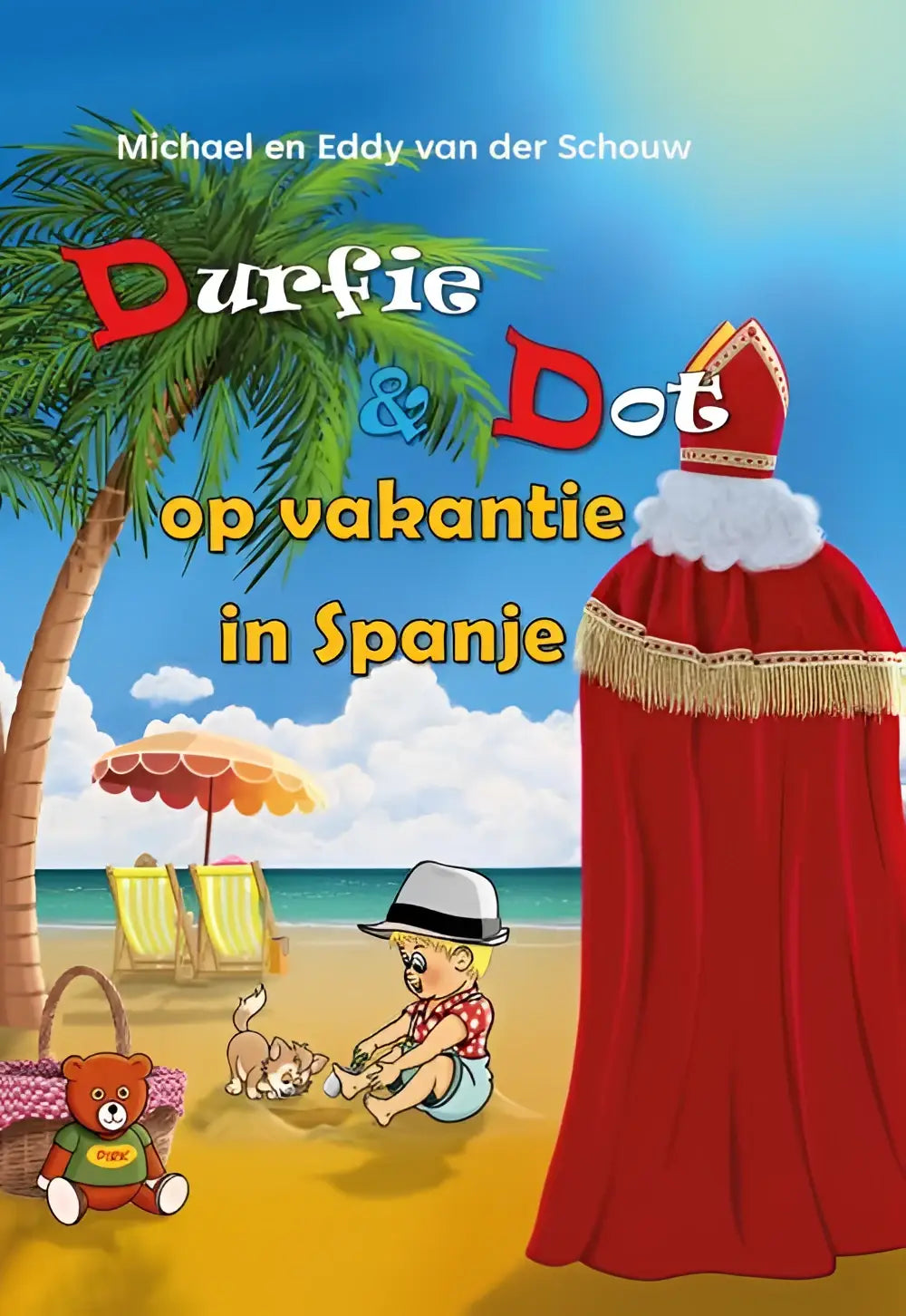 Cartoonfiguur in rode mantel met witte bontafwerking en gouden franjes uit nederlandstalig hardback durfie dot op vakantie in spanje voor jonge lezers