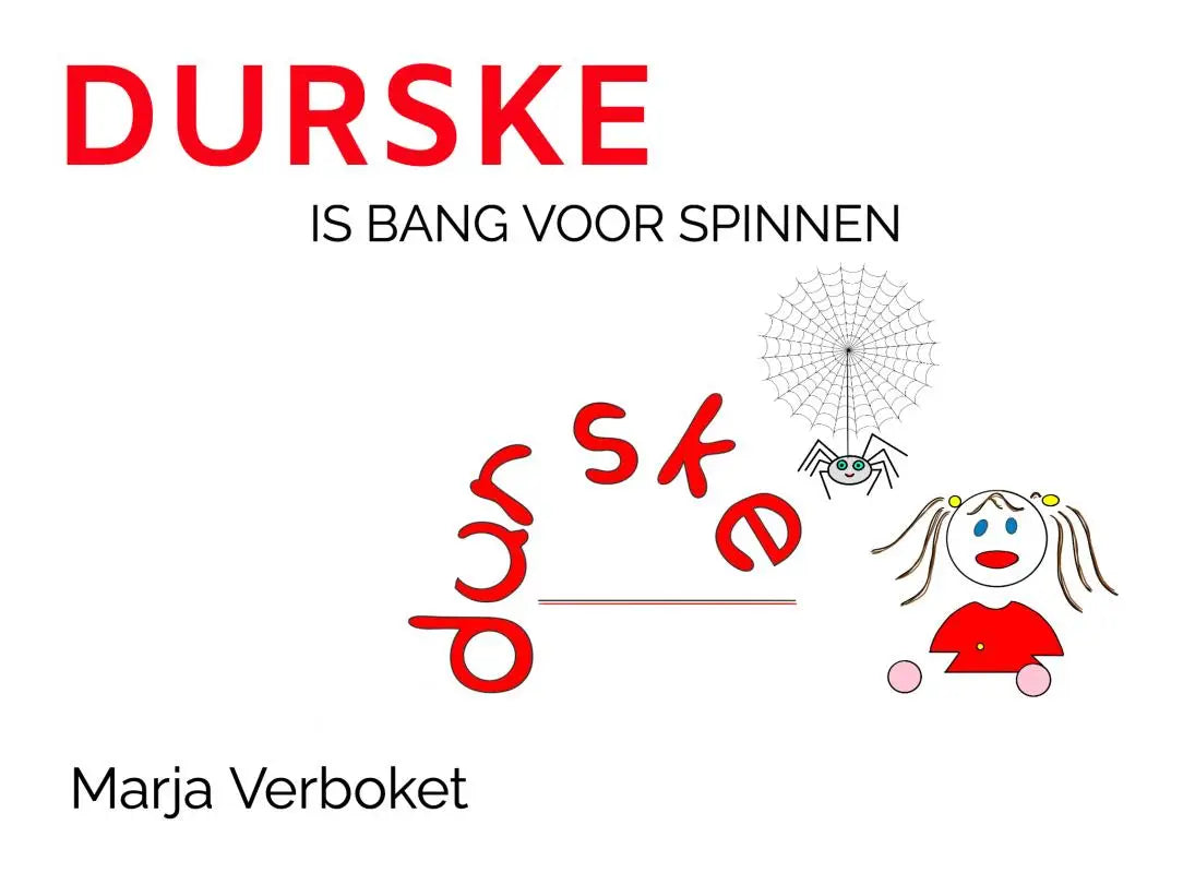 Rode cartoonstijl tekst durske met gestileerde spin en web illustratie voor jonge lezers in kinderboek durske is bang voor spinnen