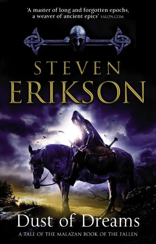De cover van dust of dreams door steven erikson toont een donkergepantserde ruiter tegen een stormachtige paarse en gouden hemel, deel van the malazan book serie
