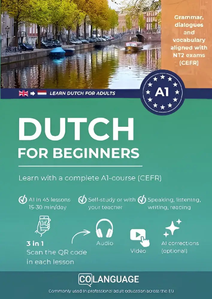 Teal en witte omslag van dutch for beginners taalcursus met amsterdamse gracht en boten voor zelfstudie en NT2 voorbereiding