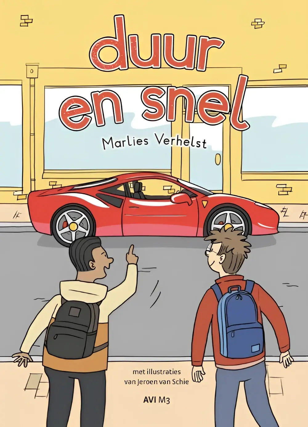 Een duurzame en snelle rode sportwagen met aerodynamische lijnen en zilveren lichtmetalen velgen voor een gele winkel van marlies verhelst nederlandstalig hardback serie leesvlam