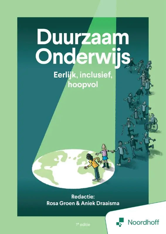 De boekcover van duurzaam onderwijs toont een groene en witte illustratie van diverse mensen lopend naar de aarde