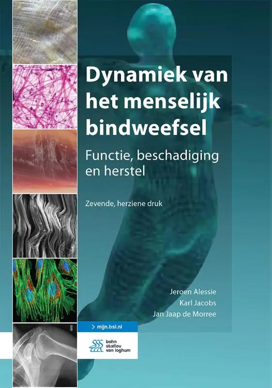 Het boek dynamiek van het menselijk bindweefsel toont witte titeltekst op teal achtergrond met anatomische beelden links