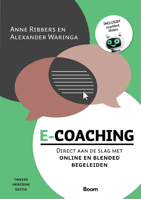 Het boek e-coaching met een groene achtergrond en abstracte spraakbellen richt zich op blended begeleiden