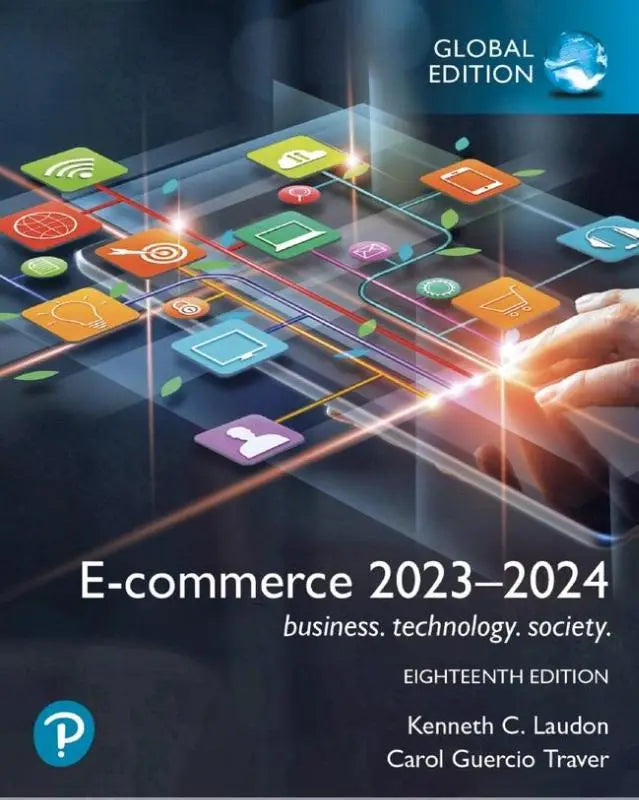 De cover van het e-commerce 2023-2024 boek global edition toont een futuristisch digitaal ontwerp met gloeiende iconen