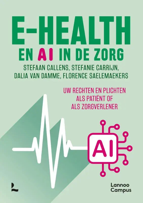 Groene en roze boekcover e-health en ai in de zorg met ecg-lijn en ai-icoon over digitale toepassingen en online consulten