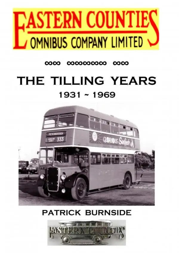 Vintage zwart-witte dubbeldekkerbus met klassieke ontwerp en glorious swaffham advertentie uit de tilling jaren