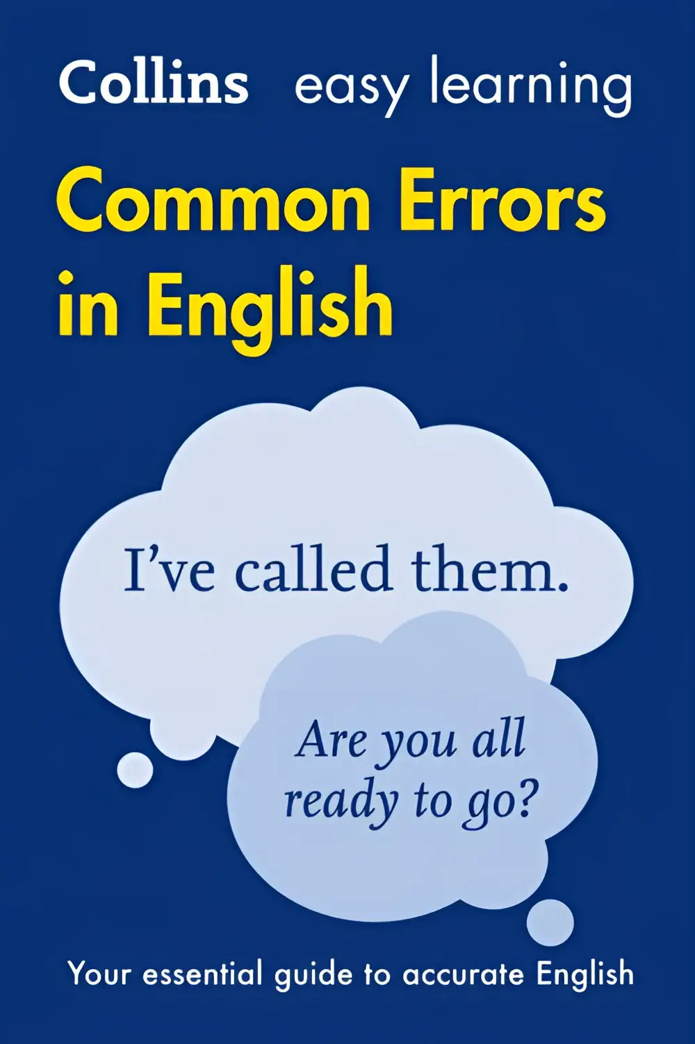 Collins easy learning common errors in english second edition boek met blauwe omslag en gele tekst en gedachtebubbels met voorbeeldzinnen