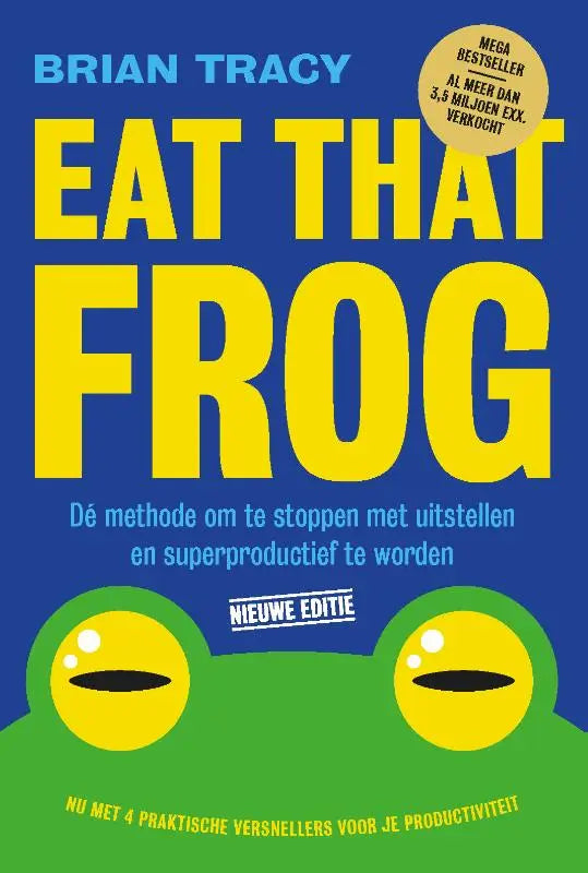Product eat that frog met felgele tekst op blauwe achtergrond en groene kikkerogen gericht op stoppen met uitstellen