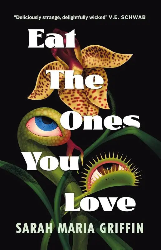 De boekcover van eat the ones you love toont een oranjebruine orchidee boven een groen oogachtig wezen tussen bladeren