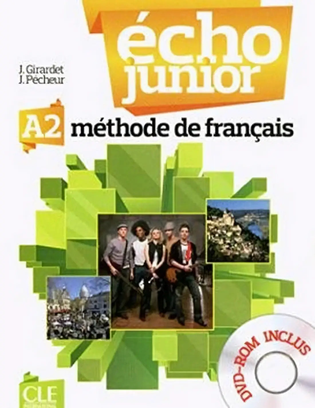 Cover van het écho junior a2 methode de français leerboek met levendig groen geometrisch ontwerp en afbeeldingen