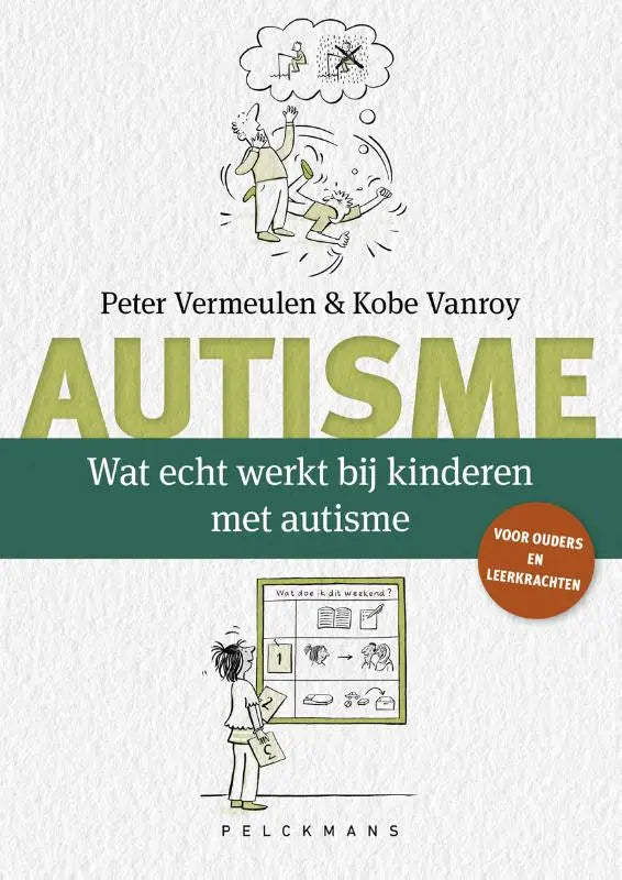 De boekcover heeft een groen-wit ontwerp met de titel autisme voor het product Wat echt werkt bij kinderen met autisme