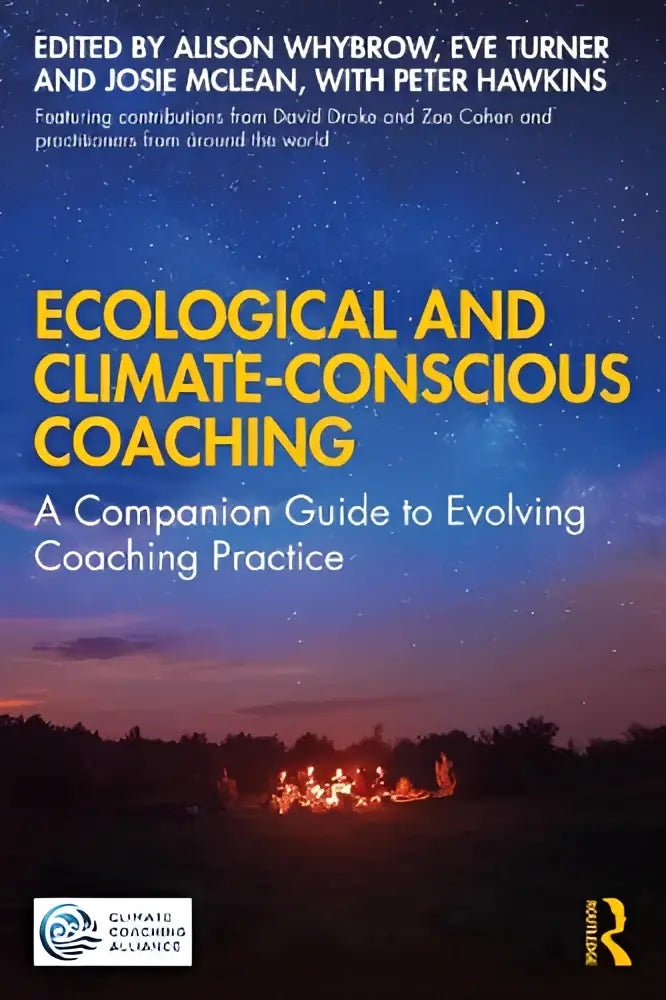 The book ecological and climate-conscious coaching features bold yellow title text over a starry sky with silhouettes by campfires