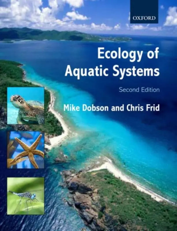 De cover van het oxford university press leerboek ecology of aquatic systems toont een luchtfoto van turquoise water en groene eilanden, waarbij aquatic systems samenbrengt natuur en wetenschap