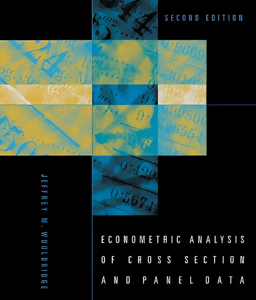 The book cover of econometric analysis of cross section and panel data by jeffrey m features bold blue and yellow squares over faded numerical data
