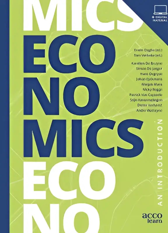 De boekomslag van economics an introduction heeft vet blauw-wit tekst op een levendige limegroene achtergrond