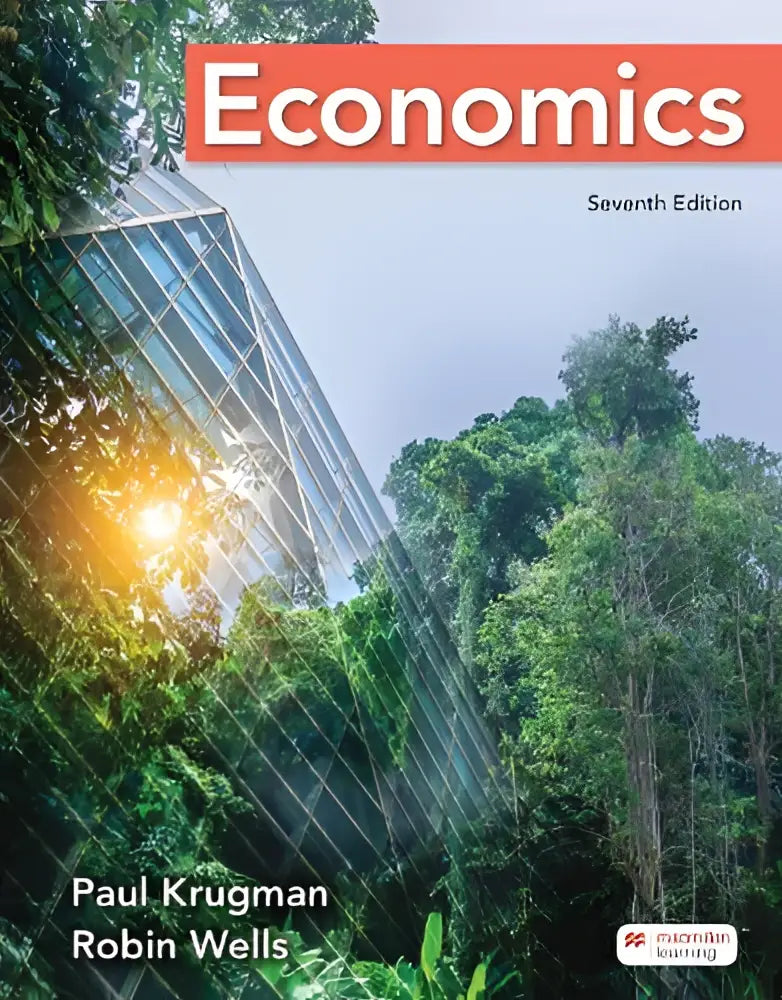 De voorkant van het zevende editie economics leerboek door paul krugman en robin wells met rood en blauw omslag
