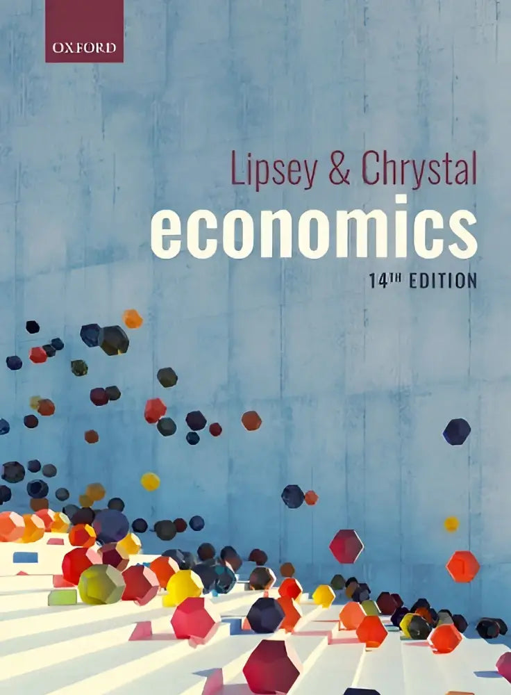 De 14e editie van lipsey and chrystals economics studieboek heeft een blauwe textuur met kleurrijke geometrische vormen