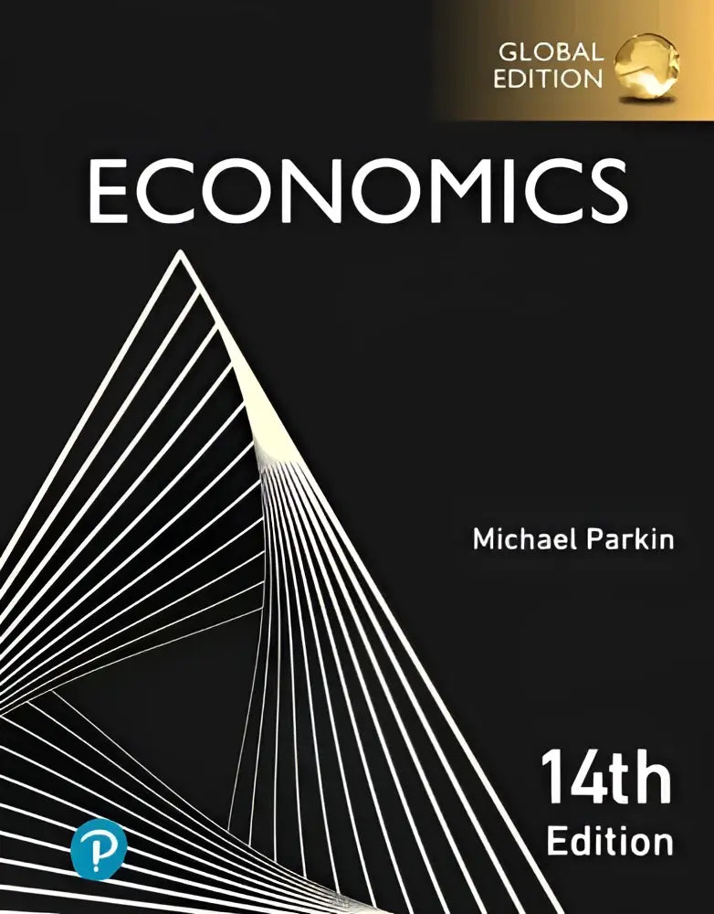 Zwart studieboek met witte geometrische lijnen en de titel economics van michael parkin 14e global edition