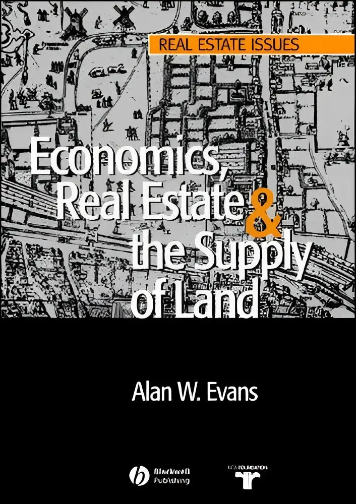 Zwartwit geïllustreerde leerboekomslag van economics real estate and the supply of land door alan w over de supply en real estate