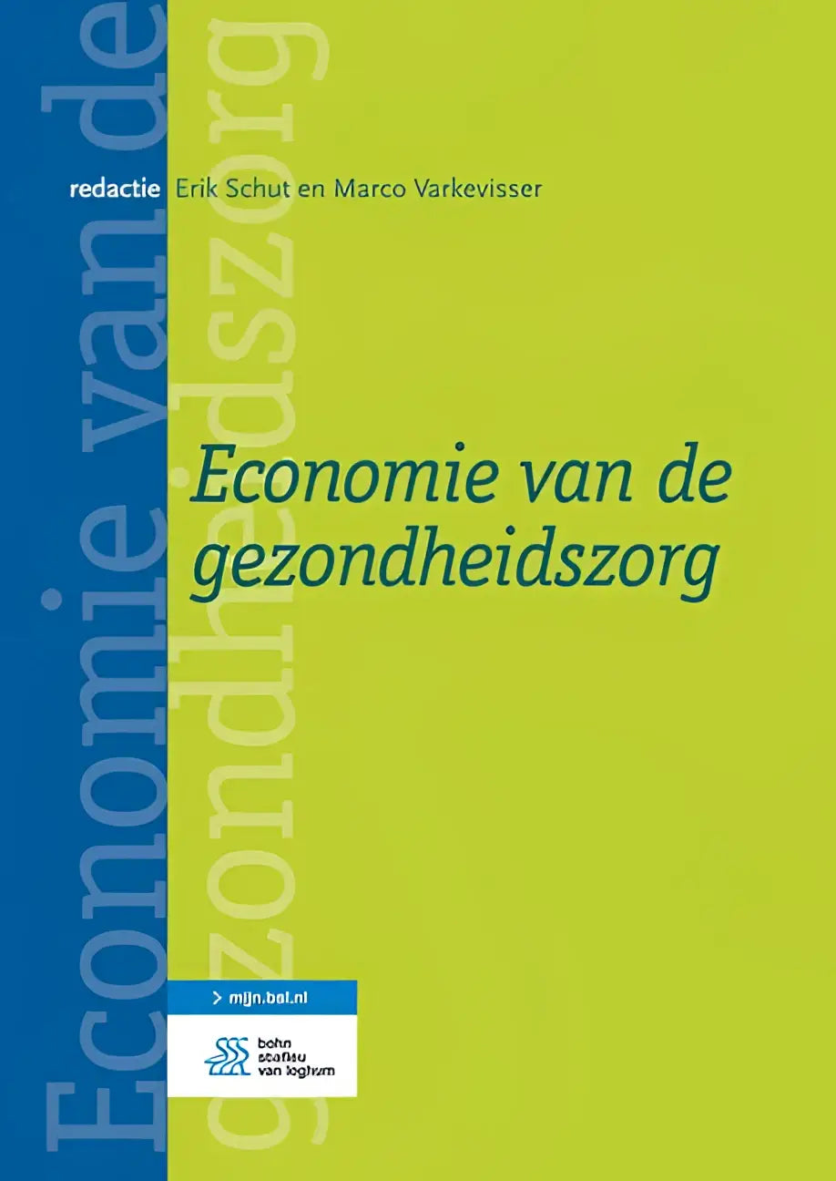 Boek economie van de gezondheidszorg met limegroene omslag, blauwe verticale streep en witte tekst van bsl media