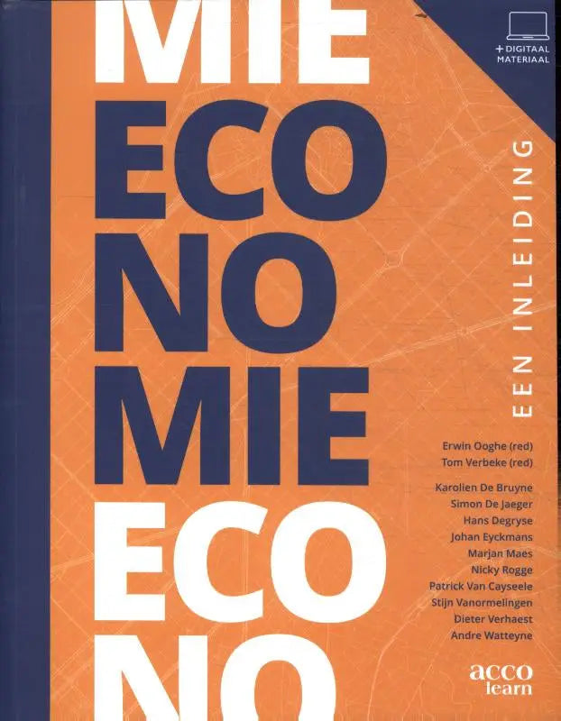 Oranje en donkerblauw boekomslag met grote witte en donkerblauwe typografie van het studieboek economie een inleiding