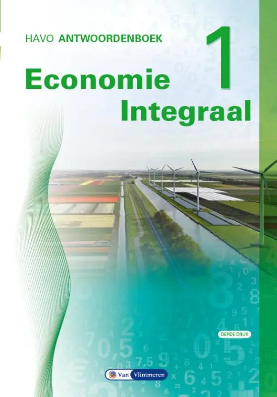 Green-covered havo economics textbook economie integraal by van vlimmeren with wind turbines and agricultural fields on cover