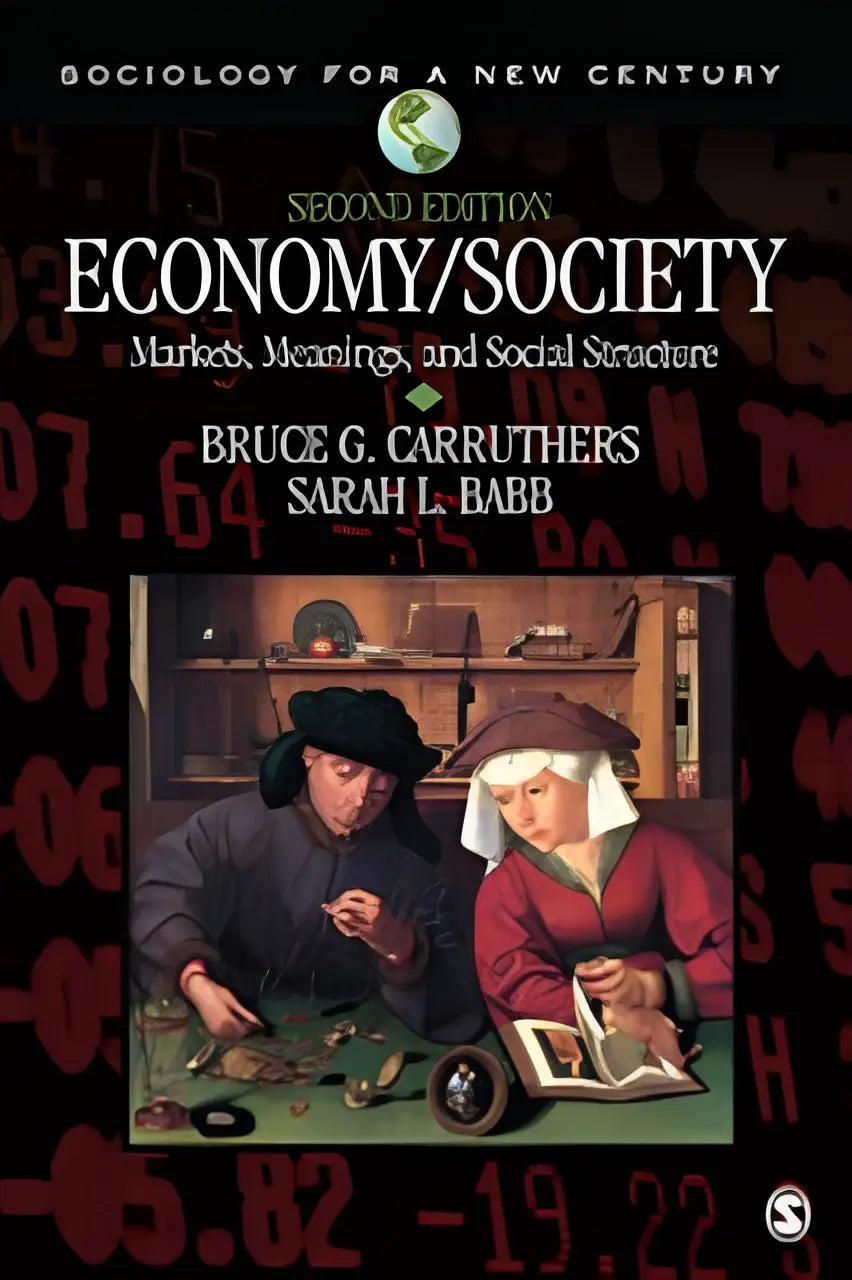 De boekcover van economy society markets meanings and social structure door bruce g toont een academisch ontwerp
