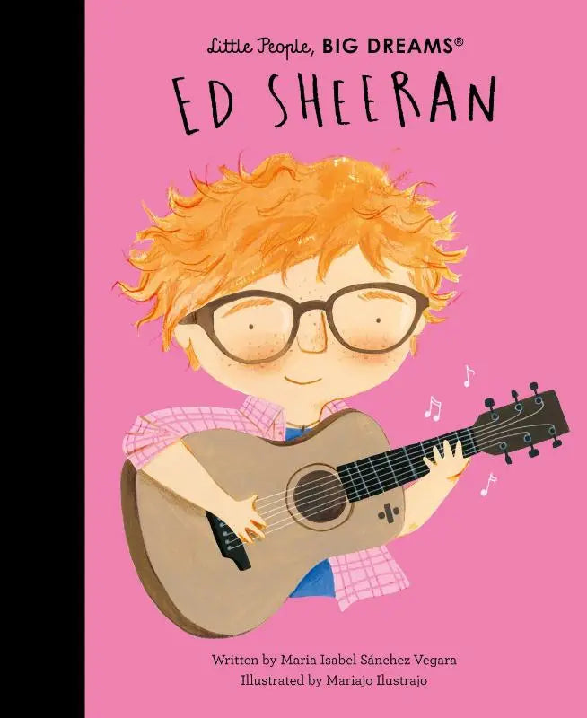 Pink kinderboek met cartoonillustratie van ed sheeran die akoestische gitaar speelt voor jonge lezers big dreams