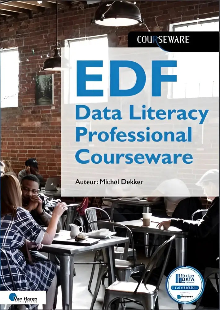The cover of the edf data literacy professional courseware book shows a modern café with brick walls and metal tables