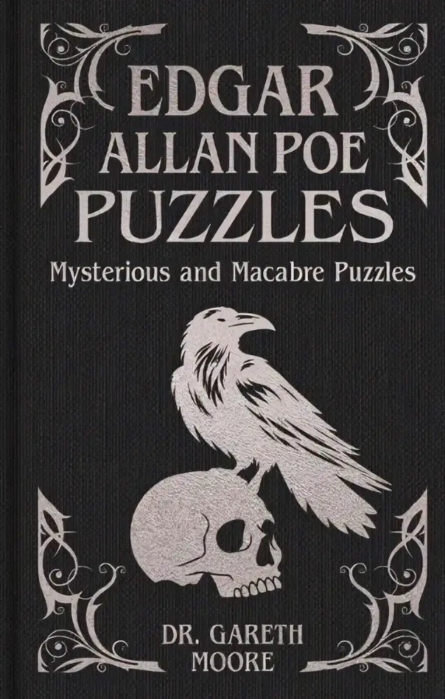Zwarte hardcover edgar allan poe puzzels met zilver reliëf titel en witte raaf op schedel voor poe puzzels mysterious