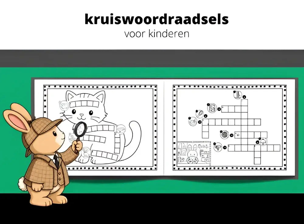 Cartoon konijn detective in bruine tweed jas en hoed onderzoekt educatieve kruiswoordraadsels voor kinderen van mieke stevens nederlandstalig paperback
