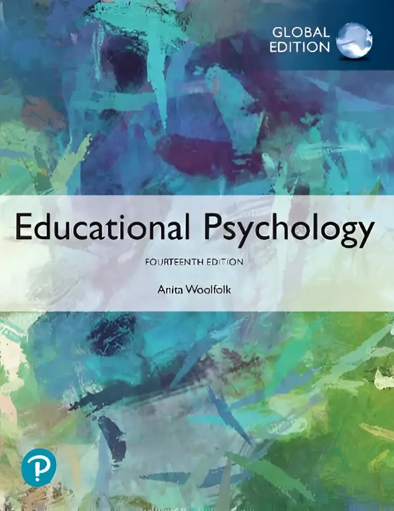De boekcover voor educational psychology 14th edition global edition toont een kleurrijk abstract ontwerp in blauw, groen en paars