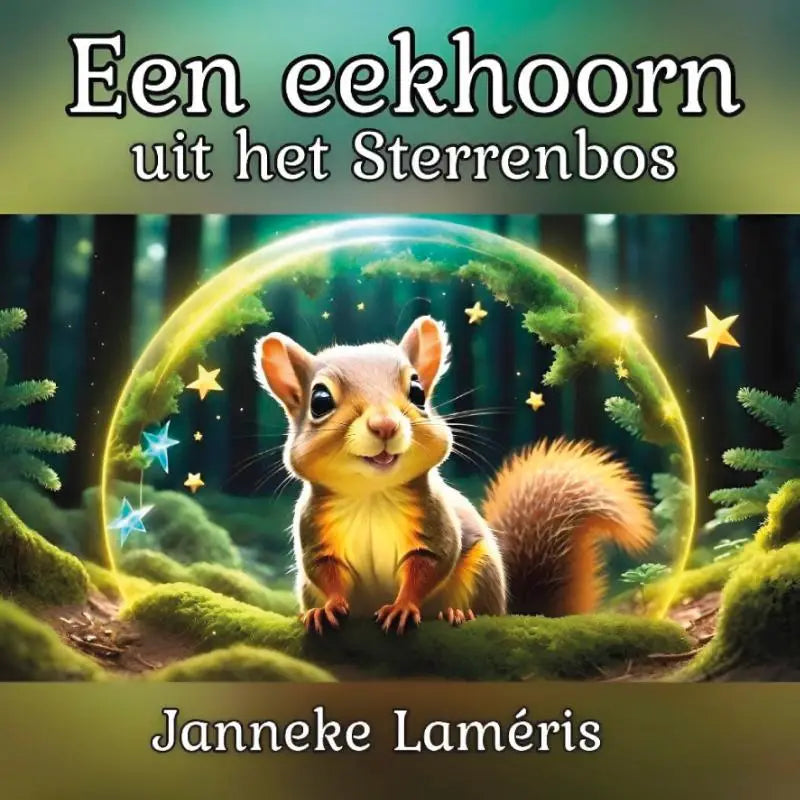 Een charmante cartoon eekhoorn met een pluizige oranje bruine staart zit in een gloeiende transparante koepel voor jonge lezers