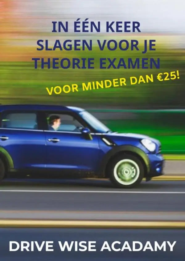 Blauwe mini cooper met groene accenten en zilveren velgen bij product voor één keer slagen voor je theorie examen