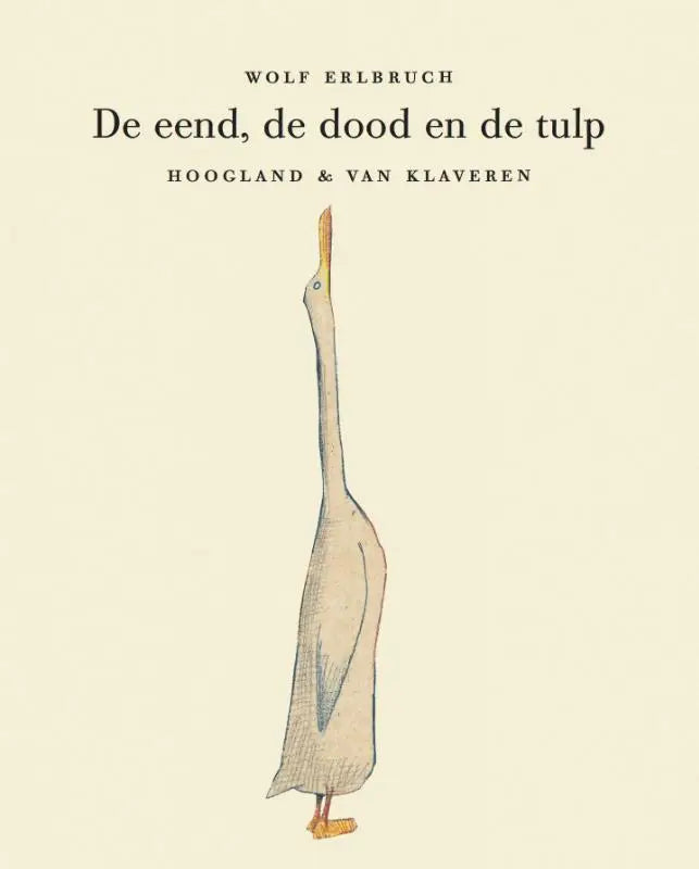 Minimalistische illustratie van een slanke witte eend met oranje snavel en poten voor jonge lezers in de eend de dood en de tulp