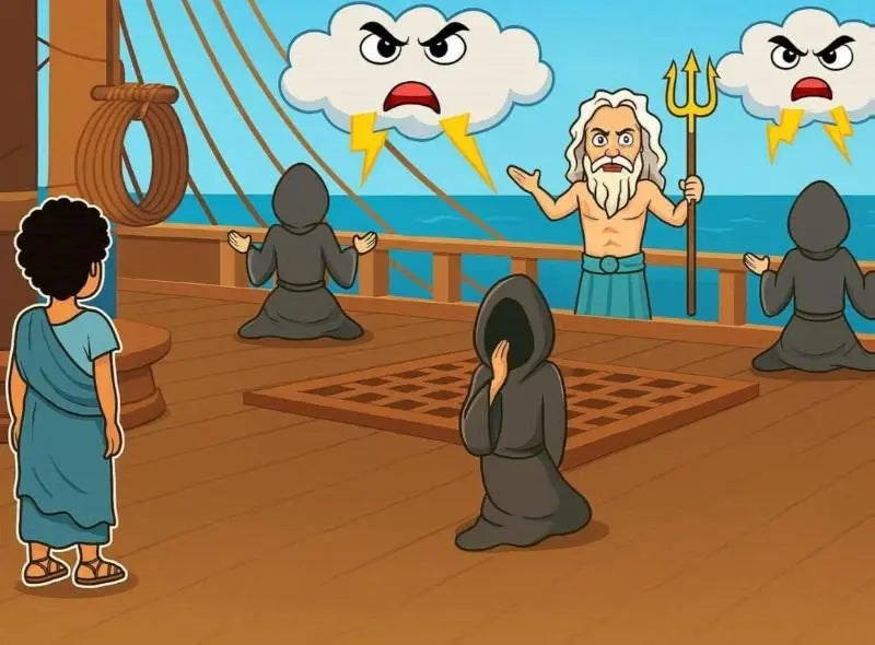Cartoonafbeelding van een bebaarde gespierde figuur met wit haar en gouden drietand voor eenvoudig grieks i - sofia