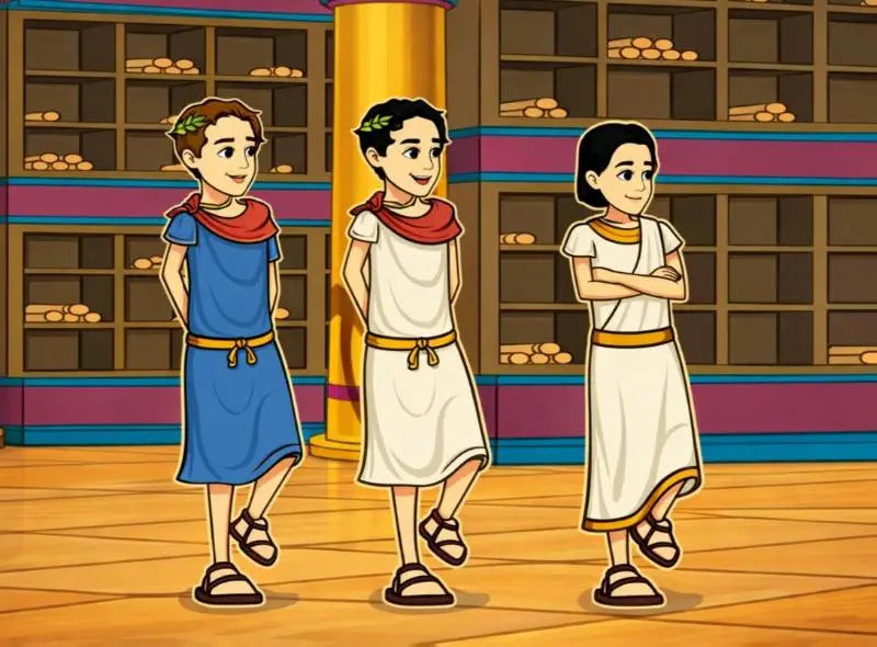 Drie cartoonfiguren in eenvoudig latijn ii bibliotheca romae met romeinse tunieken op houten vloer