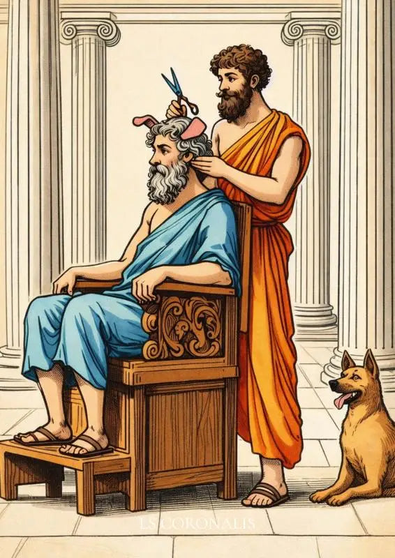 Cartoonillustratie van een man in oranje toga die een man in blauwe gewaden een knipbeurt geeft in eenvoudig latijn iv metamorphoses