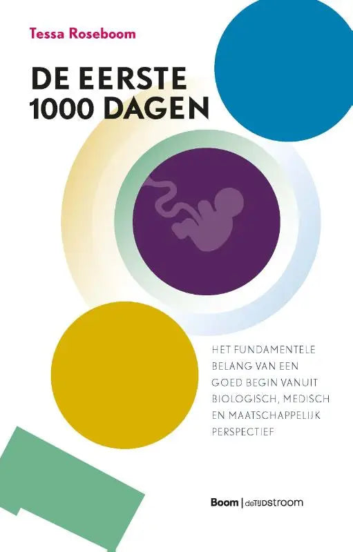 De eerste 1000 dagen boek met minimalistisch design en fetus silhouet, uitgegeven door koninklijke boom en tessa roseboom
