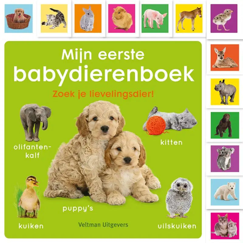 Helder groen kinderboek mijn eerste babydierenboek met twee pluizige bruine puppy’s voor jonge lezers